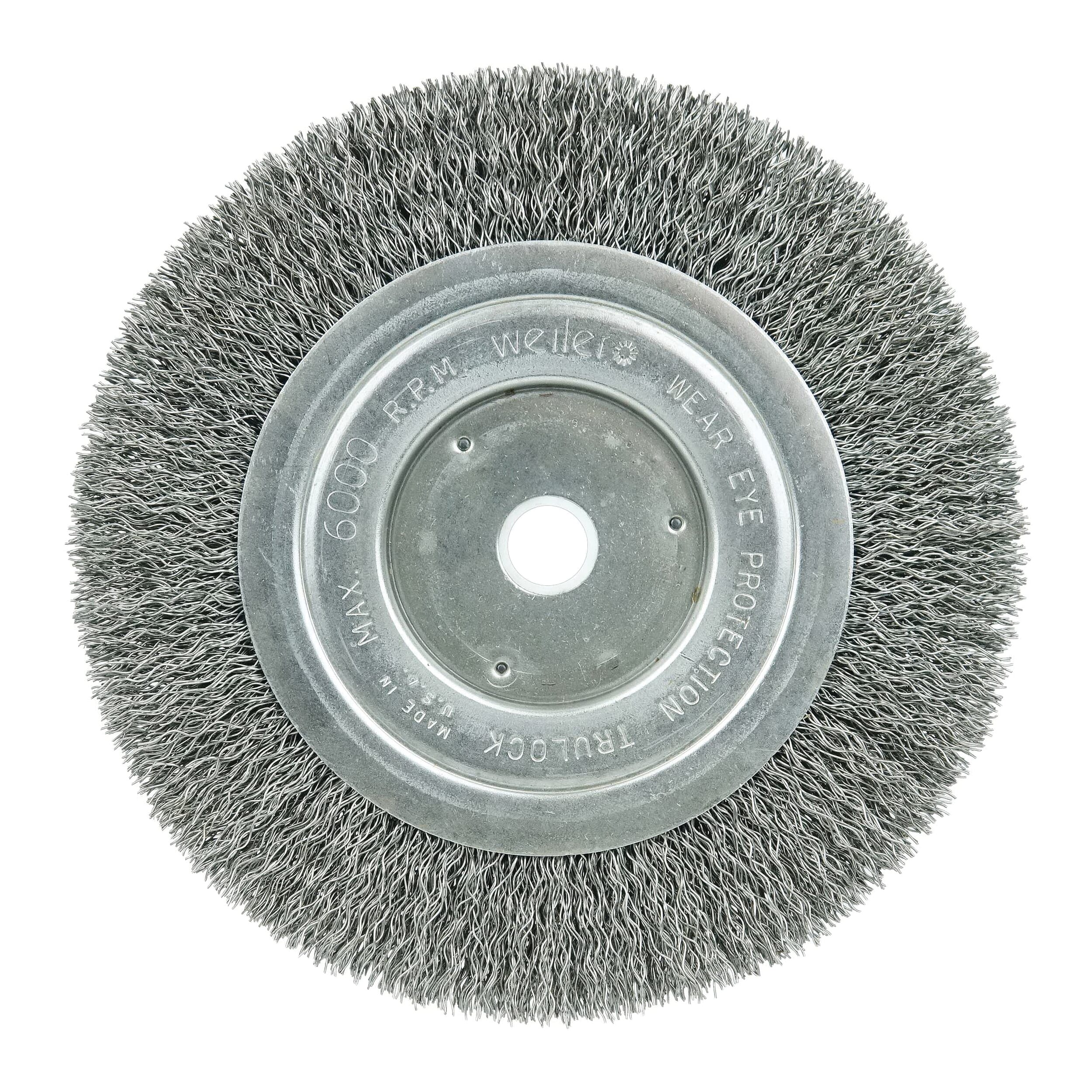 Weiler® 01115 Narrow Face Wheel Brush, 6 in Dia Brush, 1/2 in W Face, 0.0104 in Dia Crimped Filament/Wire, 1/2 to 5/8 in Arbor Hole